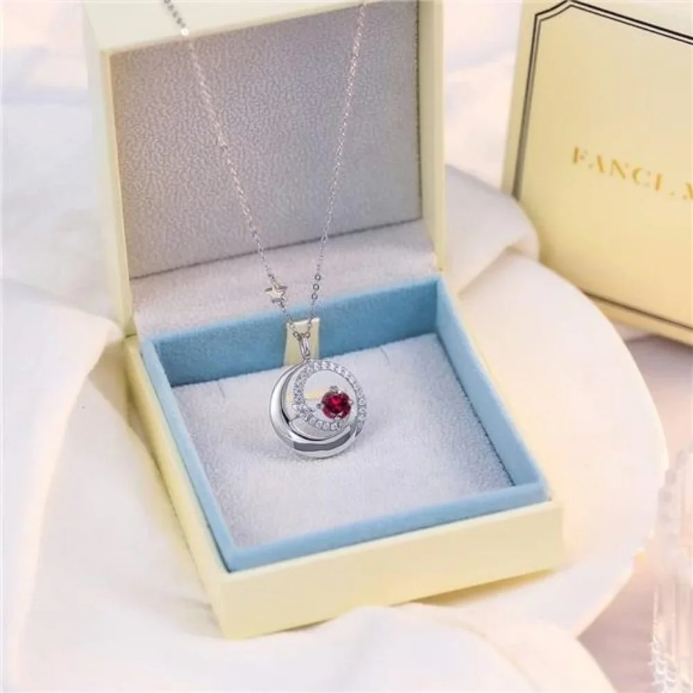 Sterling Silver Moon and Star Necklace Ruby Birthstone Jewelry Gift for Women